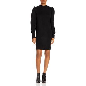 WAYF Women's Lola Black Mock Neck Mini Sweater Dress w/Puff Sleeves - Size XS